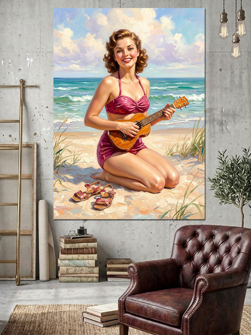 Kumsalda Gitar Çalan Retro Kadın Kanvas Tablo