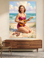 Kumsalda Gitar Çalan Retro Kadın Kanvas Tablo