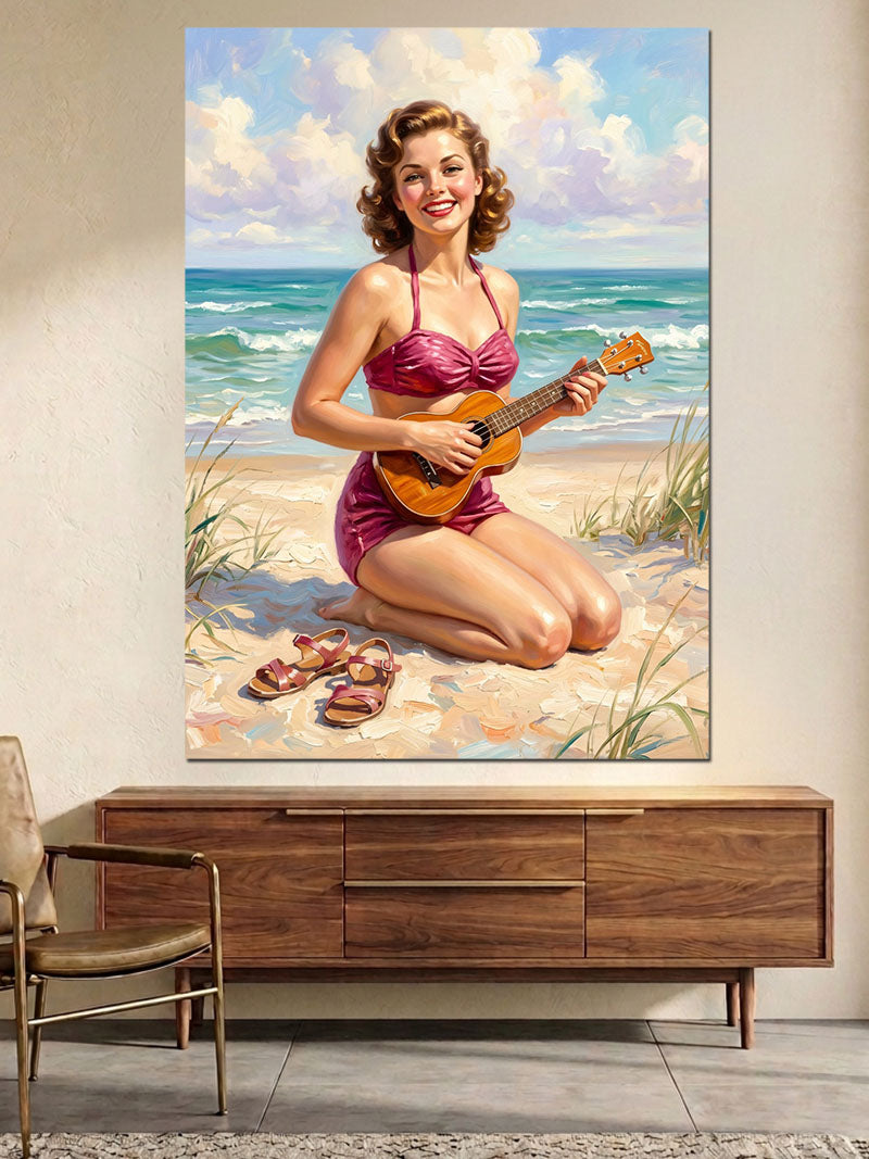 Kumsalda Gitar Çalan Retro Kadın Kanvas Tablo