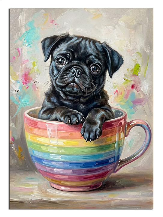 pug yavrusu, gökkuşağı fincan, sevimli hayvan