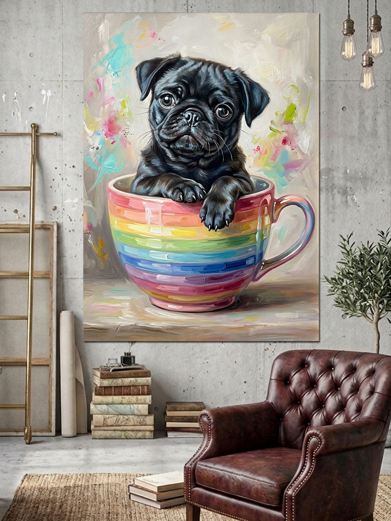 Renkli Fincanda Yavru Kara Köpek Kanvas Tablo