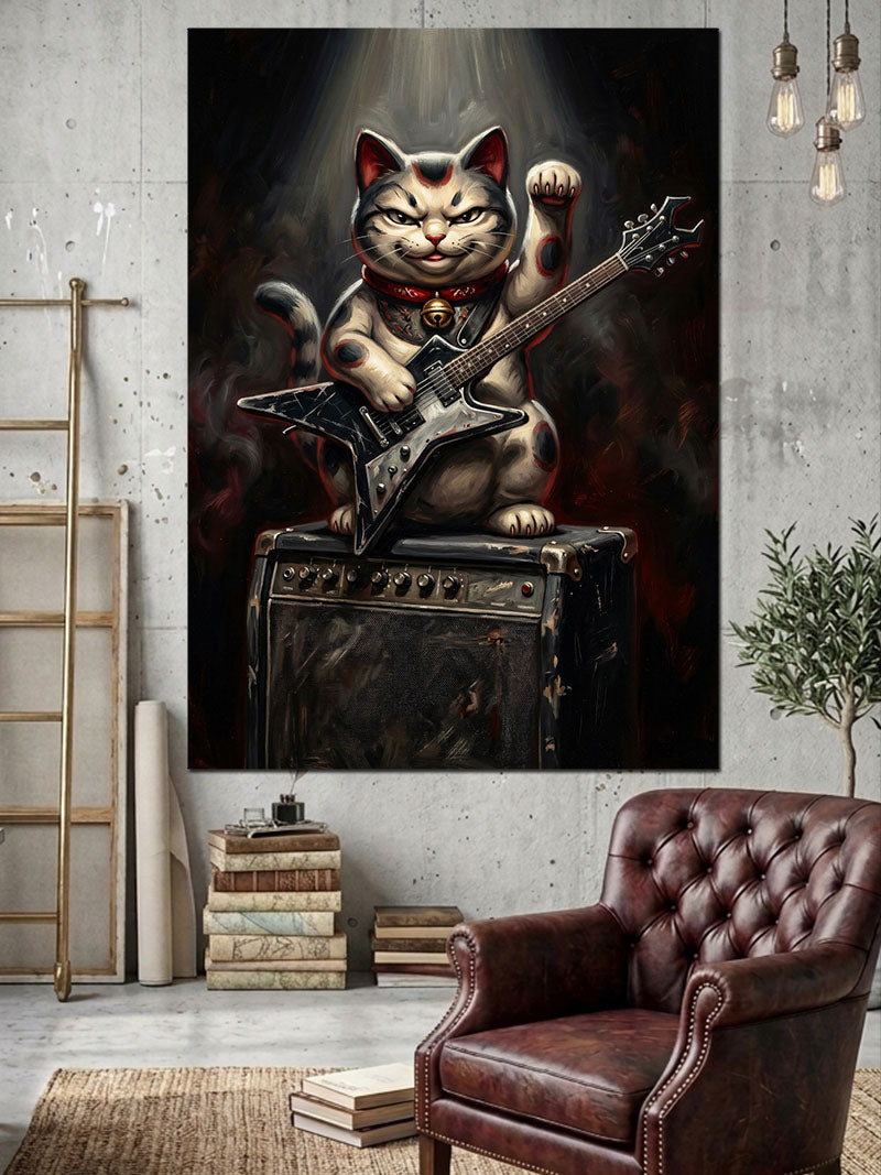 Gitar Çalan Şanslı Japon Kedisi Kanvas Tablo