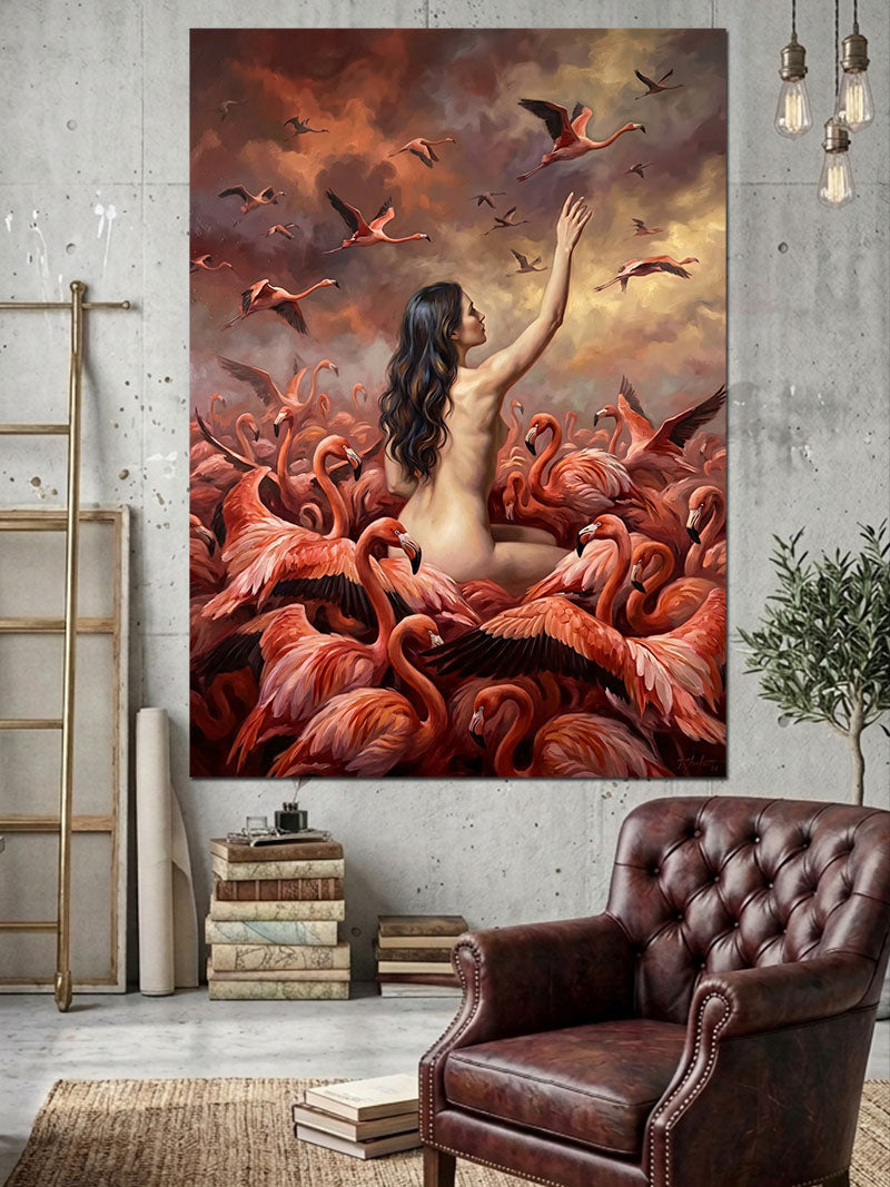 Flamingo Sürüsü Ve Kadın Silueti Kanvas Tablo