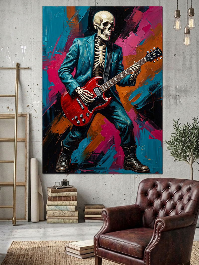 Gitar Çalan Renkli İskelet Figürü Kanvas Tablo