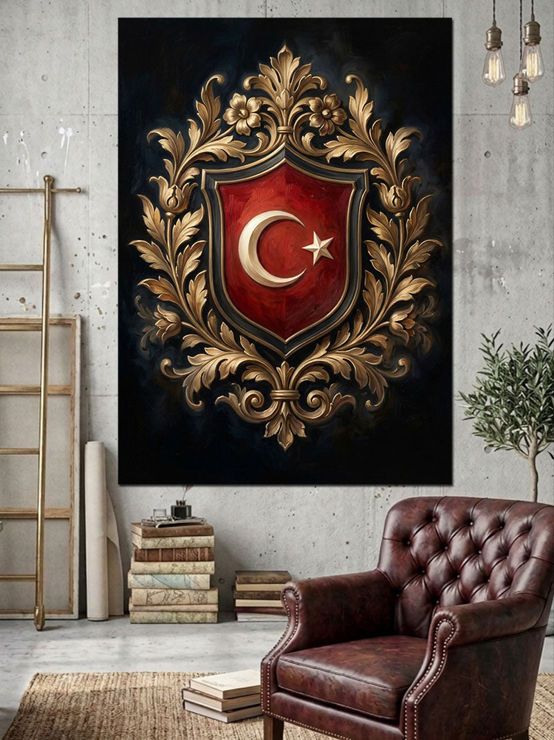 Altın İşlemeli Ay Yıldız Arması Kanvas Tablo