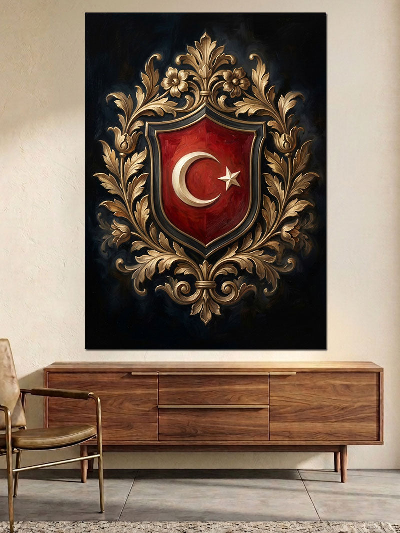 Altın İşlemeli Ay Yıldız Arması Kanvas Tablo
