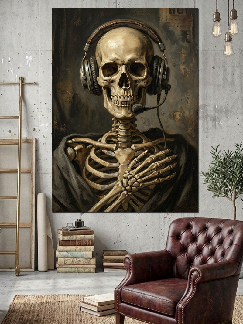 Kulaklıklı Müzik Dinleyen İskelet Portresi Kanvas Tablo