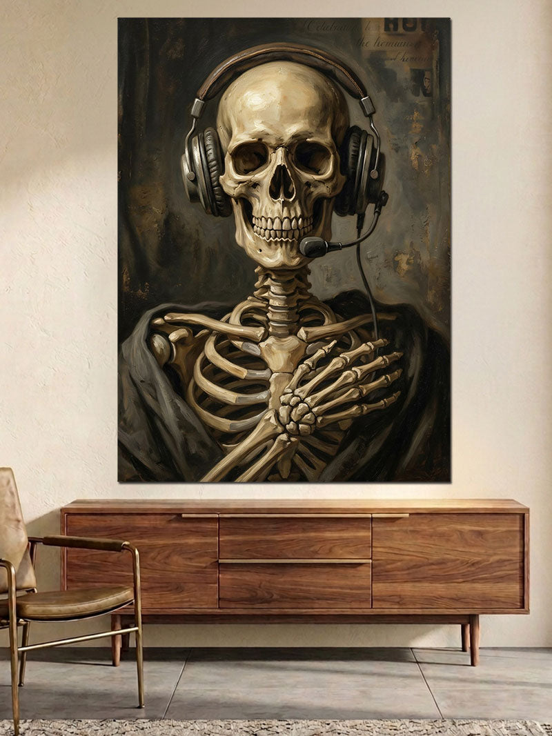 Kulaklıklı Müzik Dinleyen İskelet Portresi Kanvas Tablo
