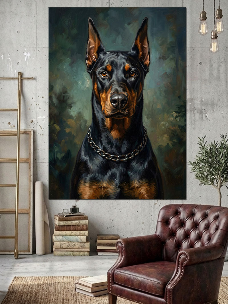 Zincir kolyeli Siyah Doberman Portresi Kanvas Tablo