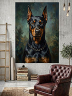 Zincir kolyeli Siyah Doberman Portresi Kanvas Tablo