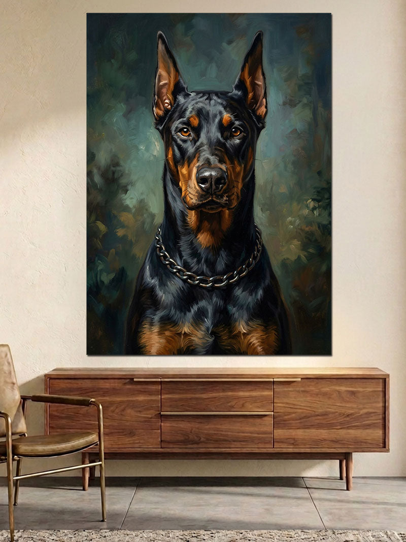Zincir kolyeli Siyah Doberman Portresi Kanvas Tablo