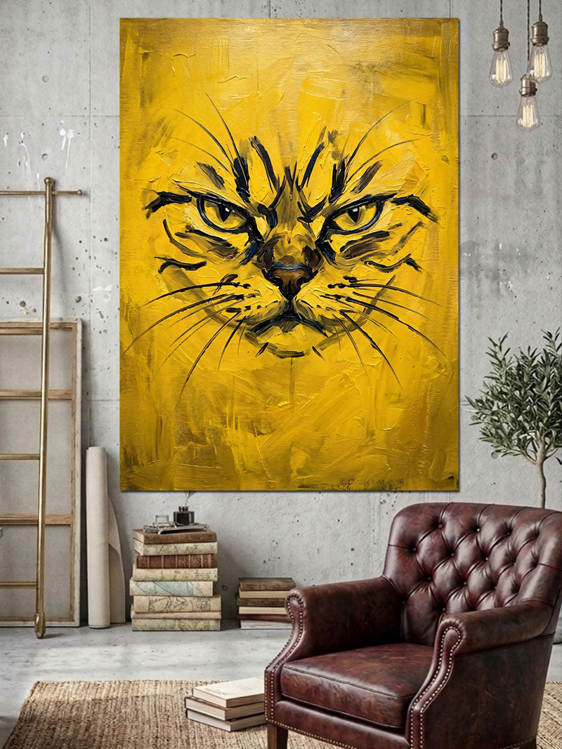 Sarı Arka Planda Soyut Kedi Yüzü Kanvas Tablo