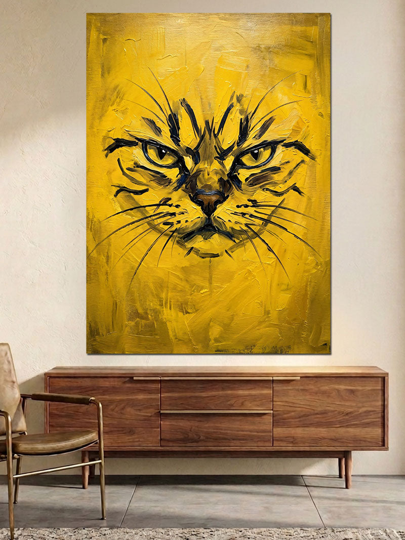 Sarı Arka Planda Soyut Kedi Yüzü Kanvas Tablo