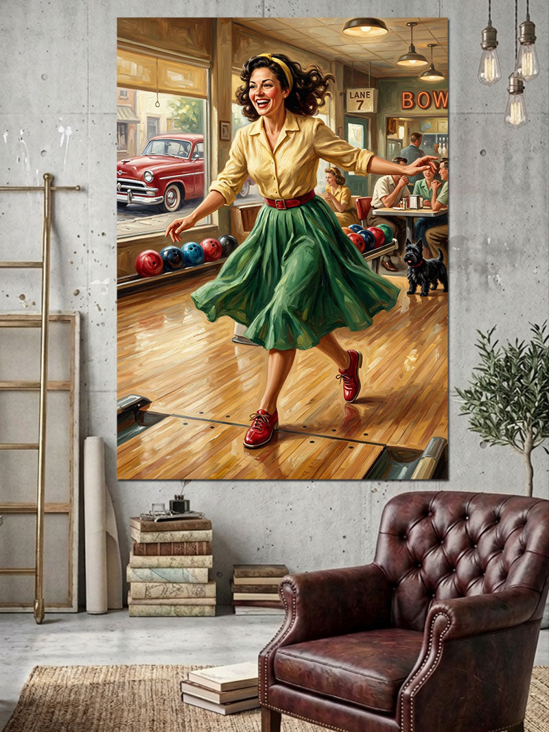 Bowling Salonunda Enerjik Retro Kadın Kanvas Tablo