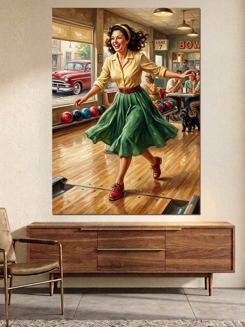 Bowling Salonunda Enerjik Retro Kadın Kanvas Tablo