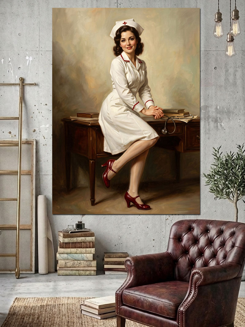 Masasında Oturan Şık Retro Hemşire Kanvas Tablo