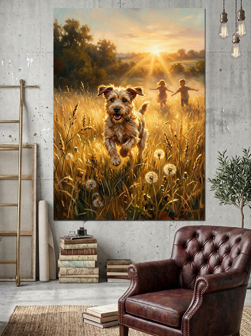 Çiçek Bahçesinde Koşan Küçük Köpek Kanvas Tablo