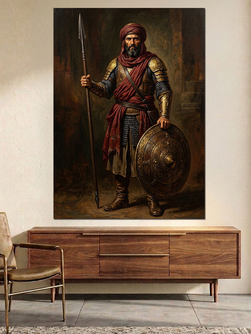 Altın Zırhlı Ve Mızraklı Savaşçı Kanvas Tablo