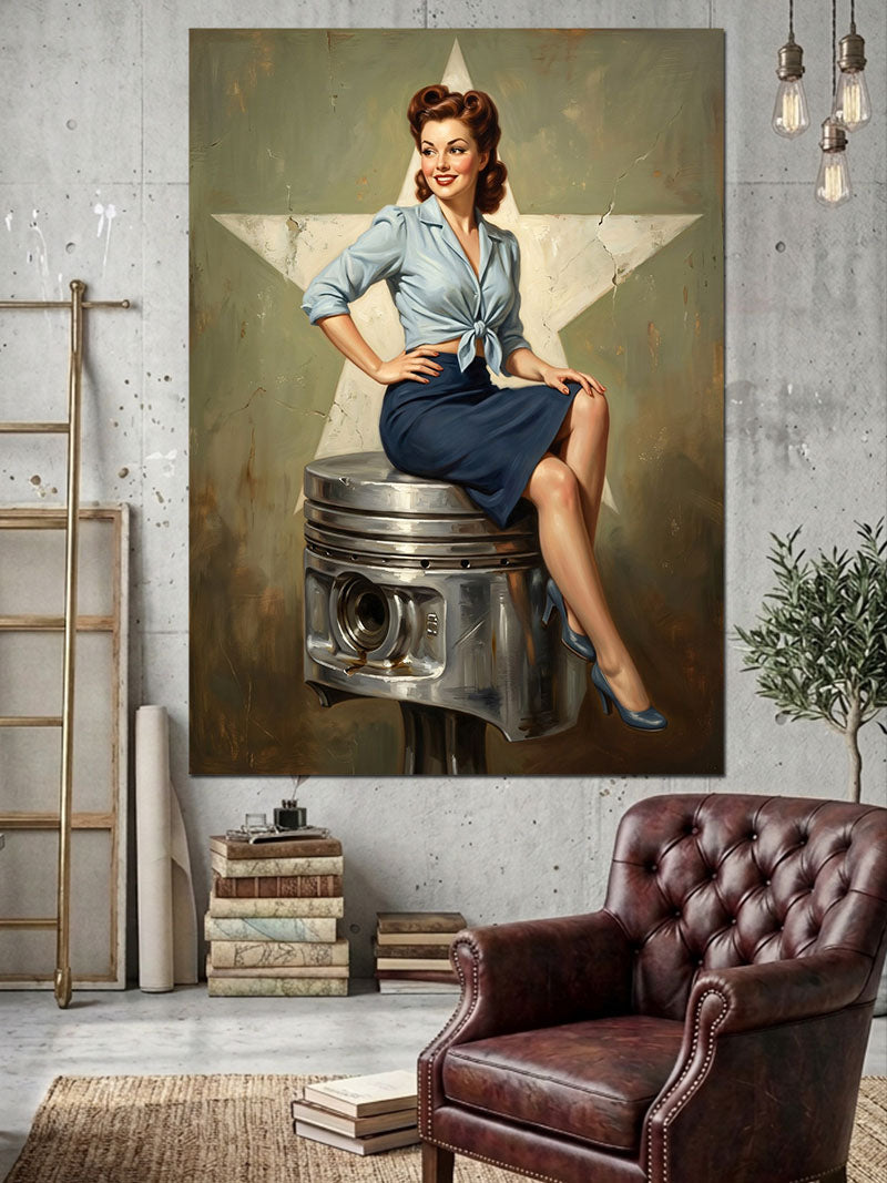 Yıldız Üstünde Oturan Retro Kadın Kanvas Tablo
