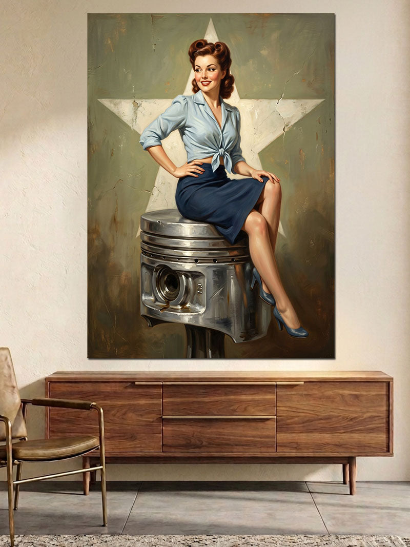 Yıldız Üstünde Oturan Retro Kadın Kanvas Tablo