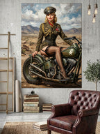Motosiklet Üstünde Retro Asker Kadın Kanvas Tablo