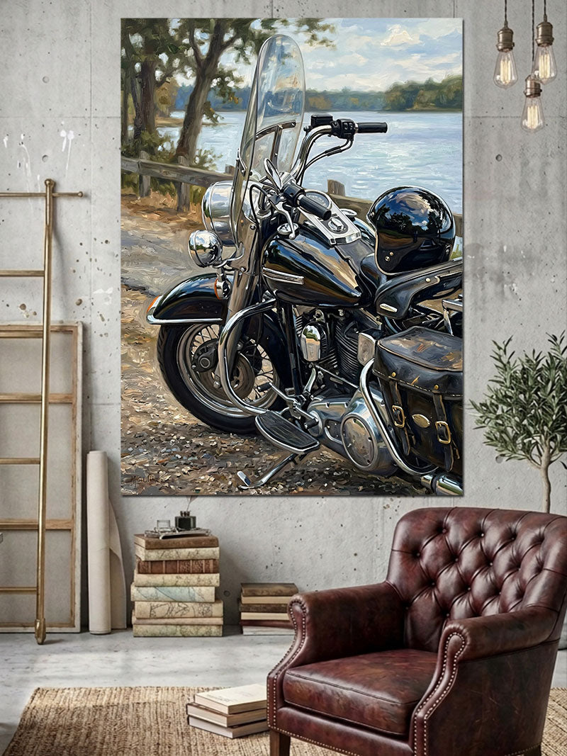 Göl Kenarında Klasik Siyah Motosiklet Kanvas Tablo