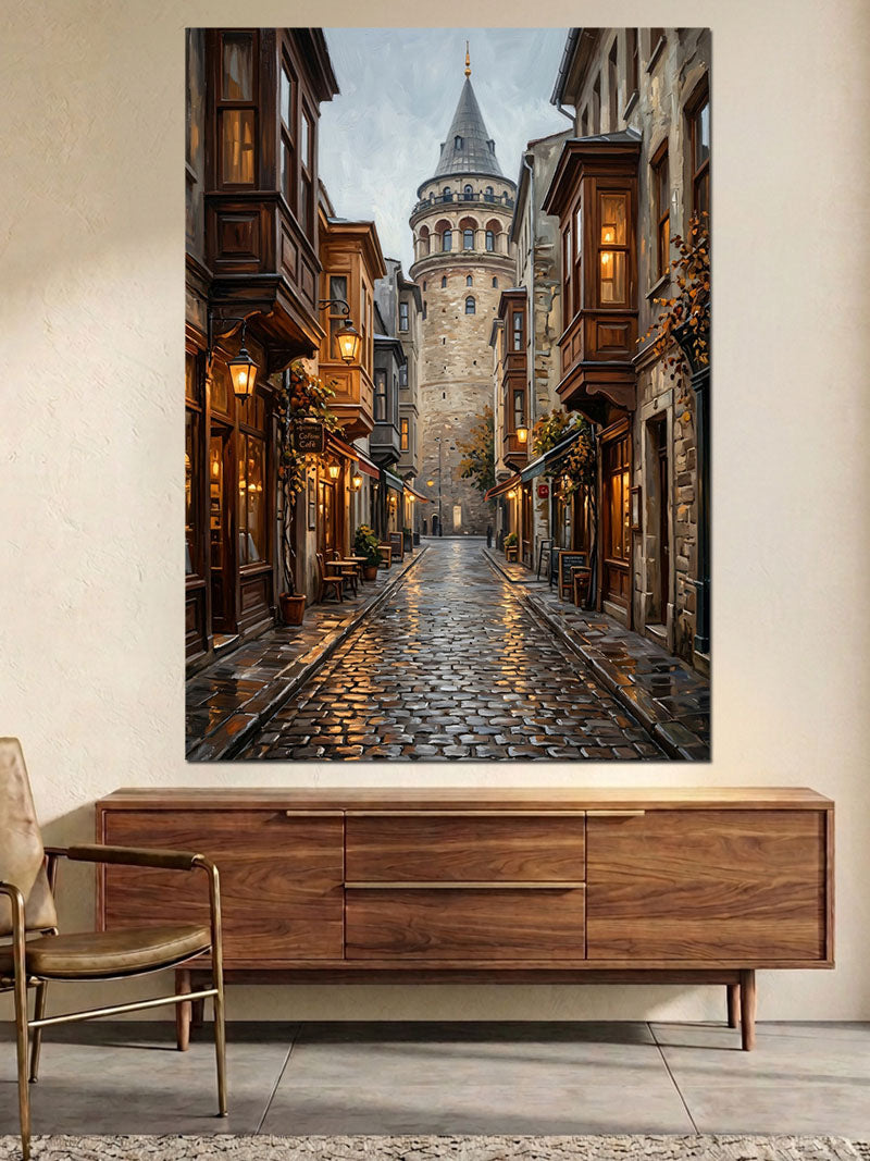 Gece Işığında Nostaljik Galata Sokağı Kanvas Tablo