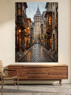 Gece Işığında Nostaljik Galata Sokağı Kanvas Tablo