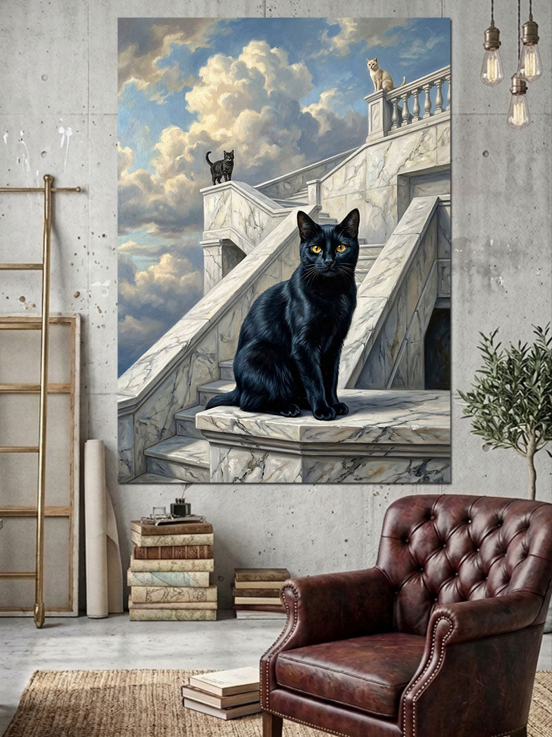 Merdivende Oturan Siyah Kedi Silueti Kanvas Tablo