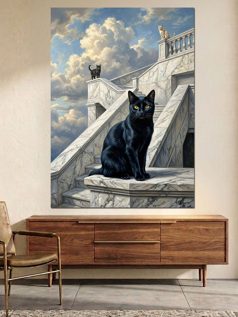 Merdivende Oturan Siyah Kedi Silueti Kanvas Tablo