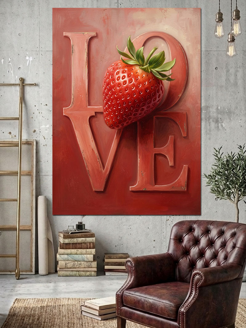 Love Yazılı Çilek Meyvesi Tasarımı Kanvas Tablo