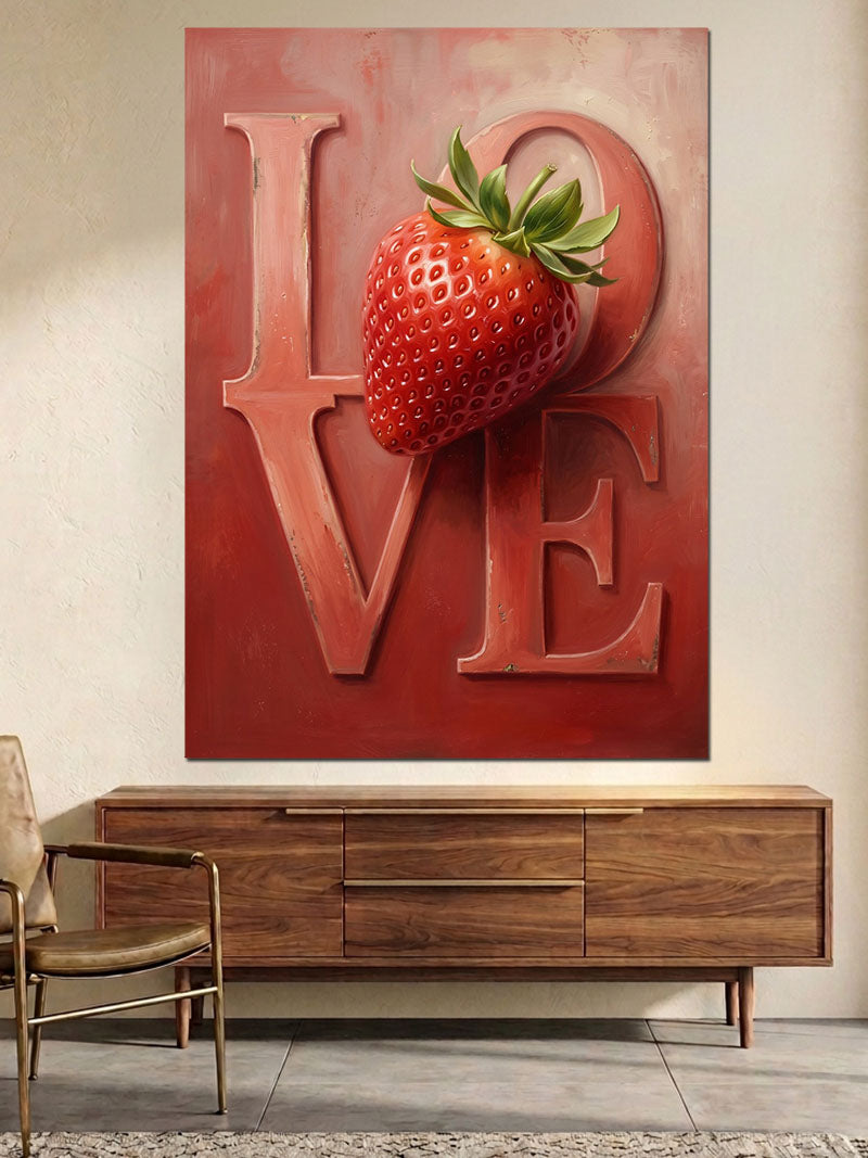 Love Yazılı Çilek Meyvesi Tasarımı Kanvas Tablo