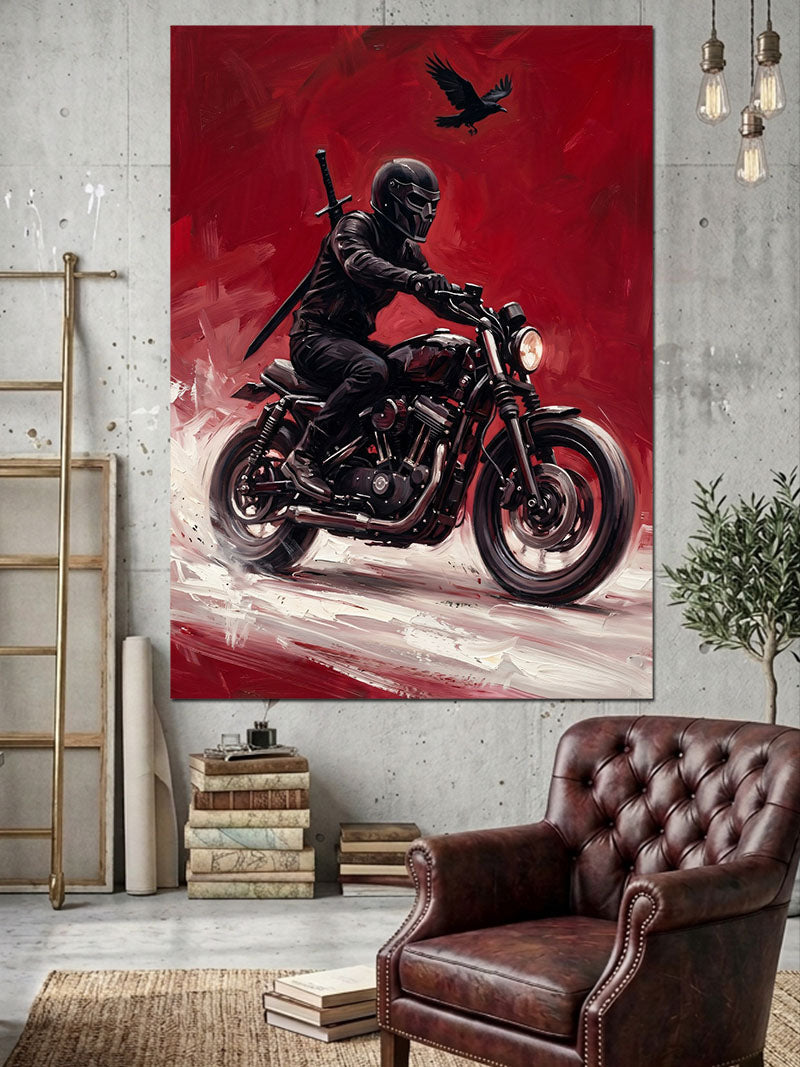 Motosikletli Ninja Savaşçısı Kırmızı Zemin Kanvas Tablo