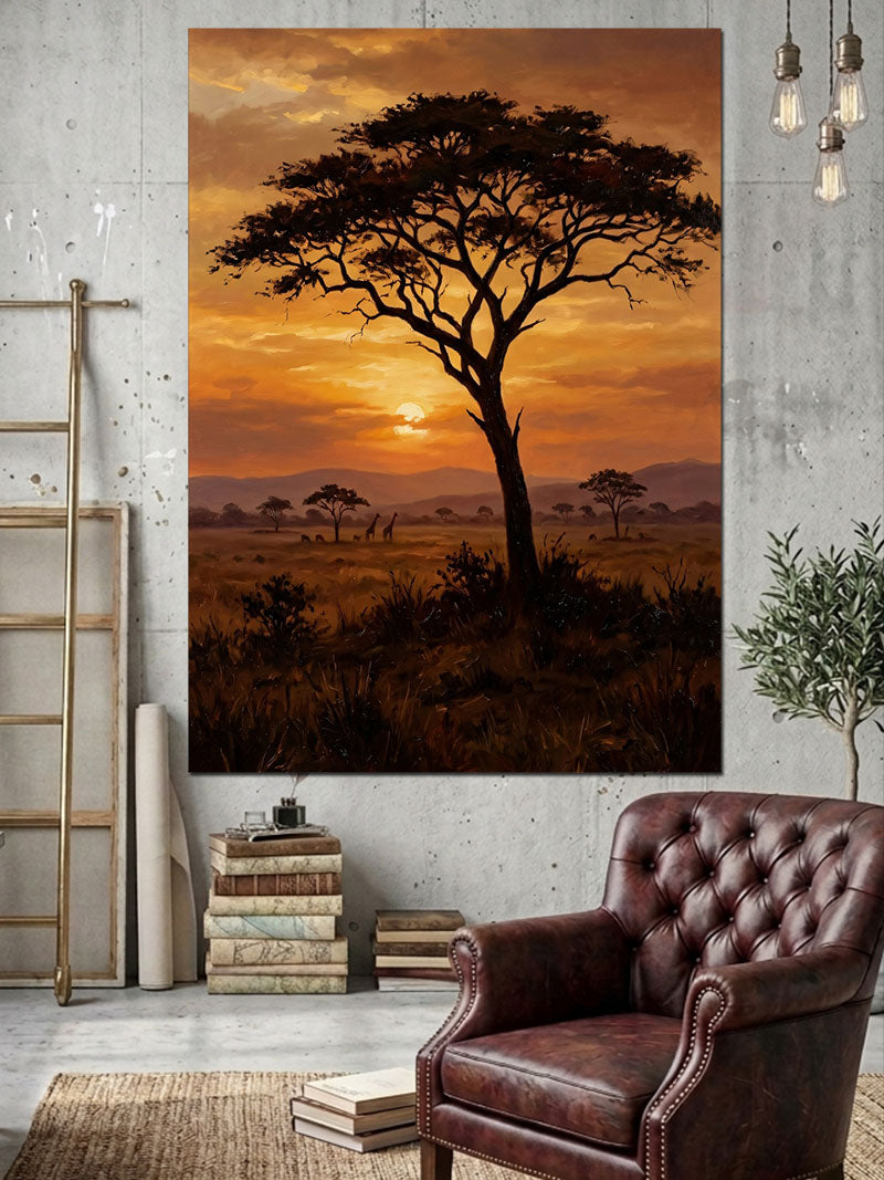 Gün Batımında Afrika Savana Ağacı Kanvas Tablo