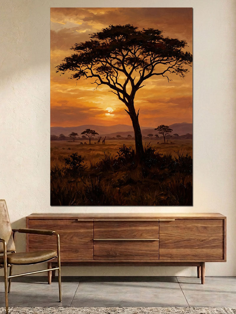 Gün Batımında Afrika Savana Ağacı Kanvas Tablo