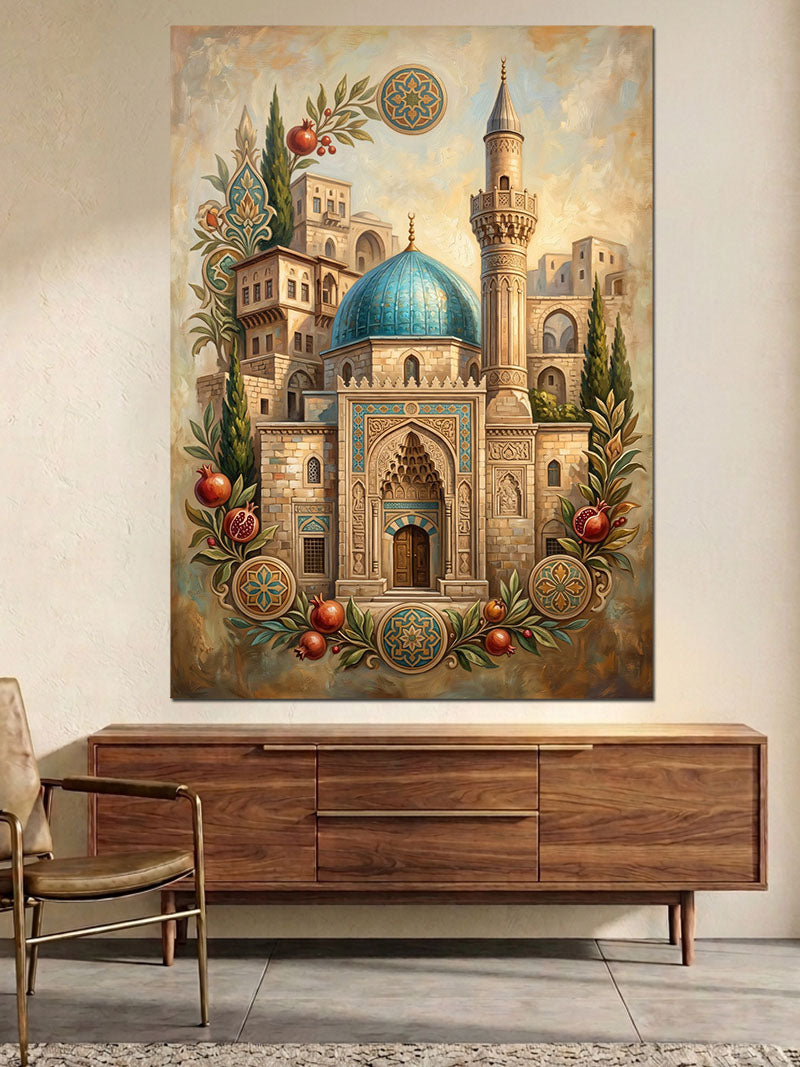 Çiçeklerle Süslü Tarihi Cami Mimarisi Kanvas Tablo