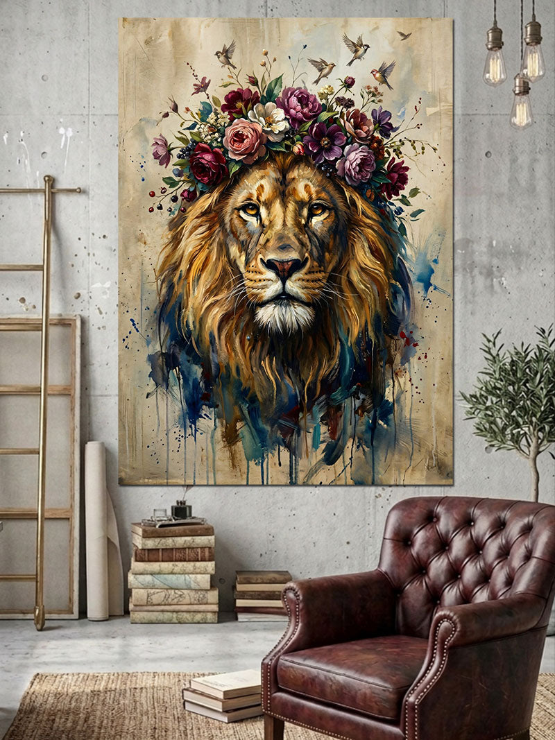 Başında Çiçekli Taç Taşıyan Aslan Kanvas Tablo
