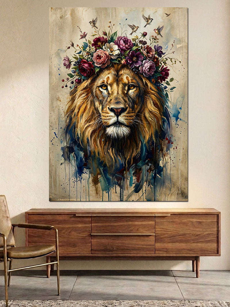 Başında Çiçekli Taç Taşıyan Aslan Kanvas Tablo