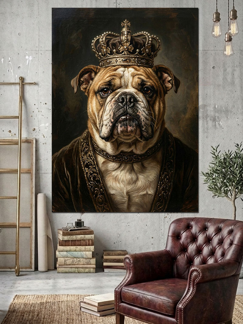 Altın Taçlı Karizmatik Bulldog Köpeği Kanvas Tablo