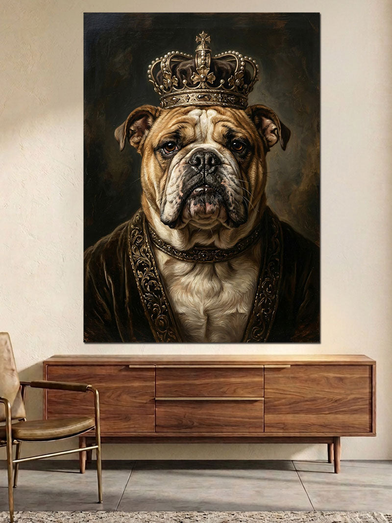 Altın Taçlı Karizmatik Bulldog Köpeği Kanvas Tablo
