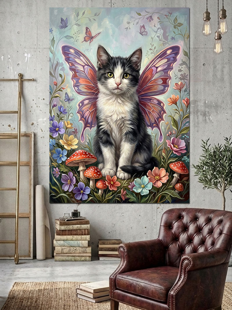 Kelebek Kanatlı Sevimli Kedi Portresi Kanvas Tablo