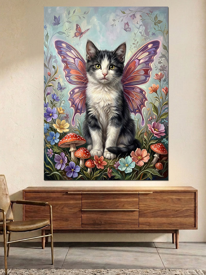 Kelebek Kanatlı Sevimli Kedi Portresi Kanvas Tablo