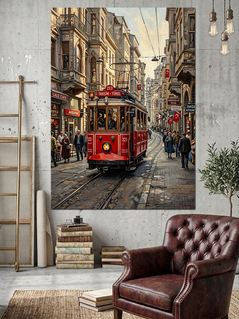Yağmurlu Şehirde Kırmızı İstanbul Tramvayı Kanvas Tablo