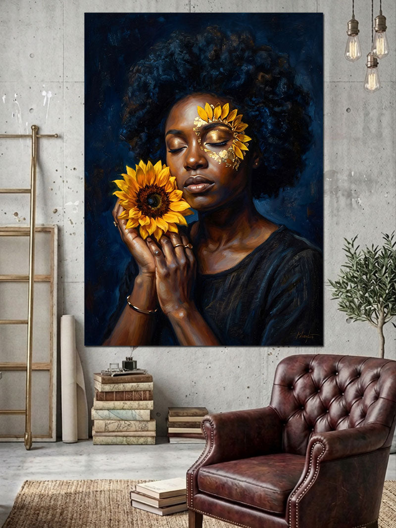 Ayçiçeği Tutan Afro Kadın Portresi Kanvas Tablo