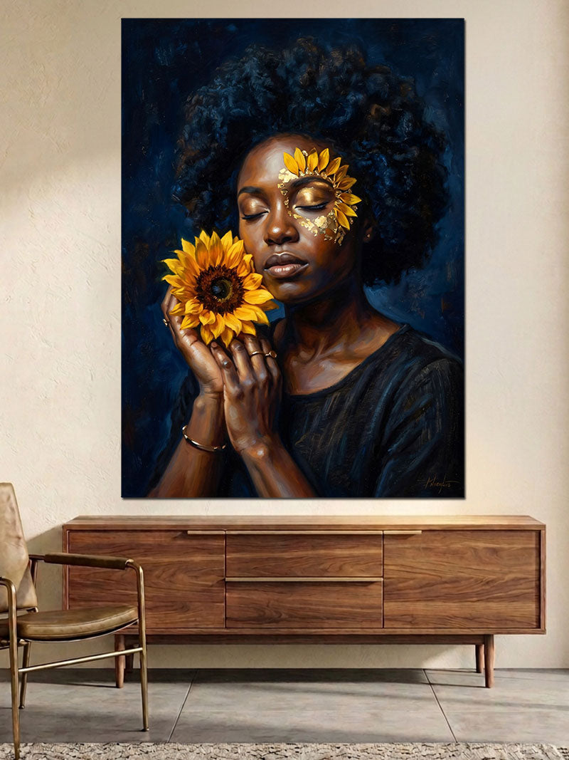 Ayçiçeği Tutan Afro Kadın Portresi Kanvas Tablo