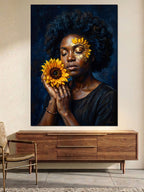 Ayçiçeği Tutan Afro Kadın Portresi Kanvas Tablo