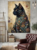Çiçek Desenli Mistik Kara Kedi Kanvas Tablo