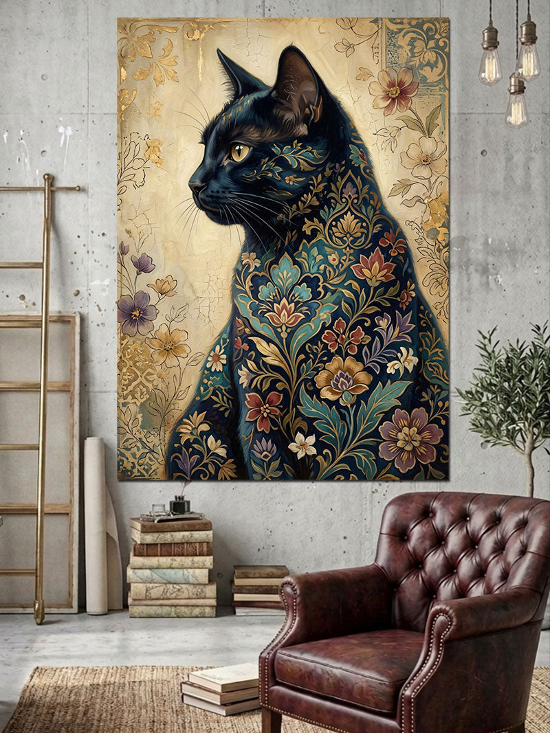 Çiçek Desenli Mistik Kara Kedi Kanvas Tablo