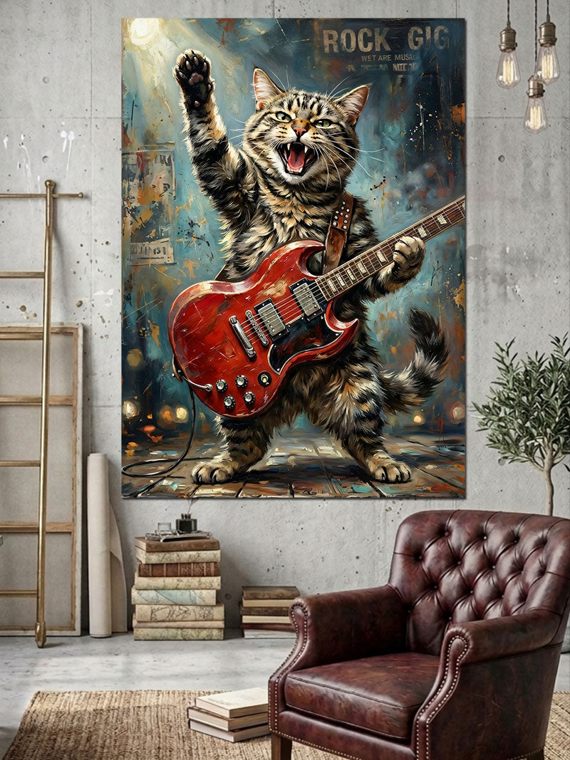 Gitar Çalan Neşeli Tekir Kedi Kanvas Tablo