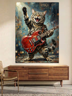 Gitar Çalan Neşeli Tekir Kedi Kanvas Tablo